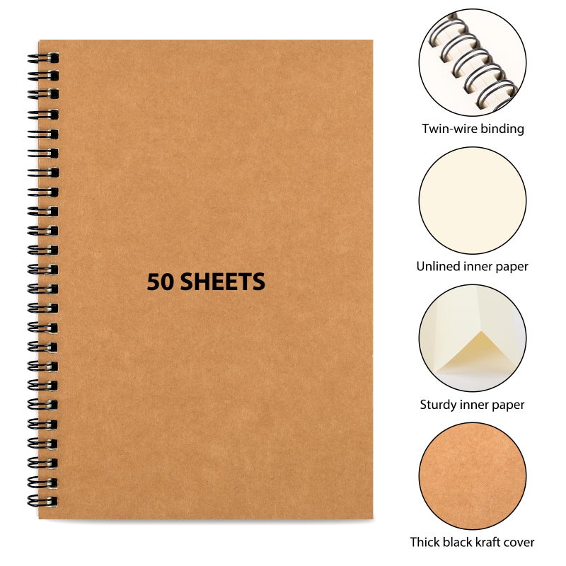 LABUK 7 Pack Blank Spiral Notebook, A5 Unlined Notebook, 100 Pages Journal Sketch Books 8.3"x 5.5" Soft Cover Kraft Diary Planner, 50 Sheets for School Travel Office (Brown) - Image 3